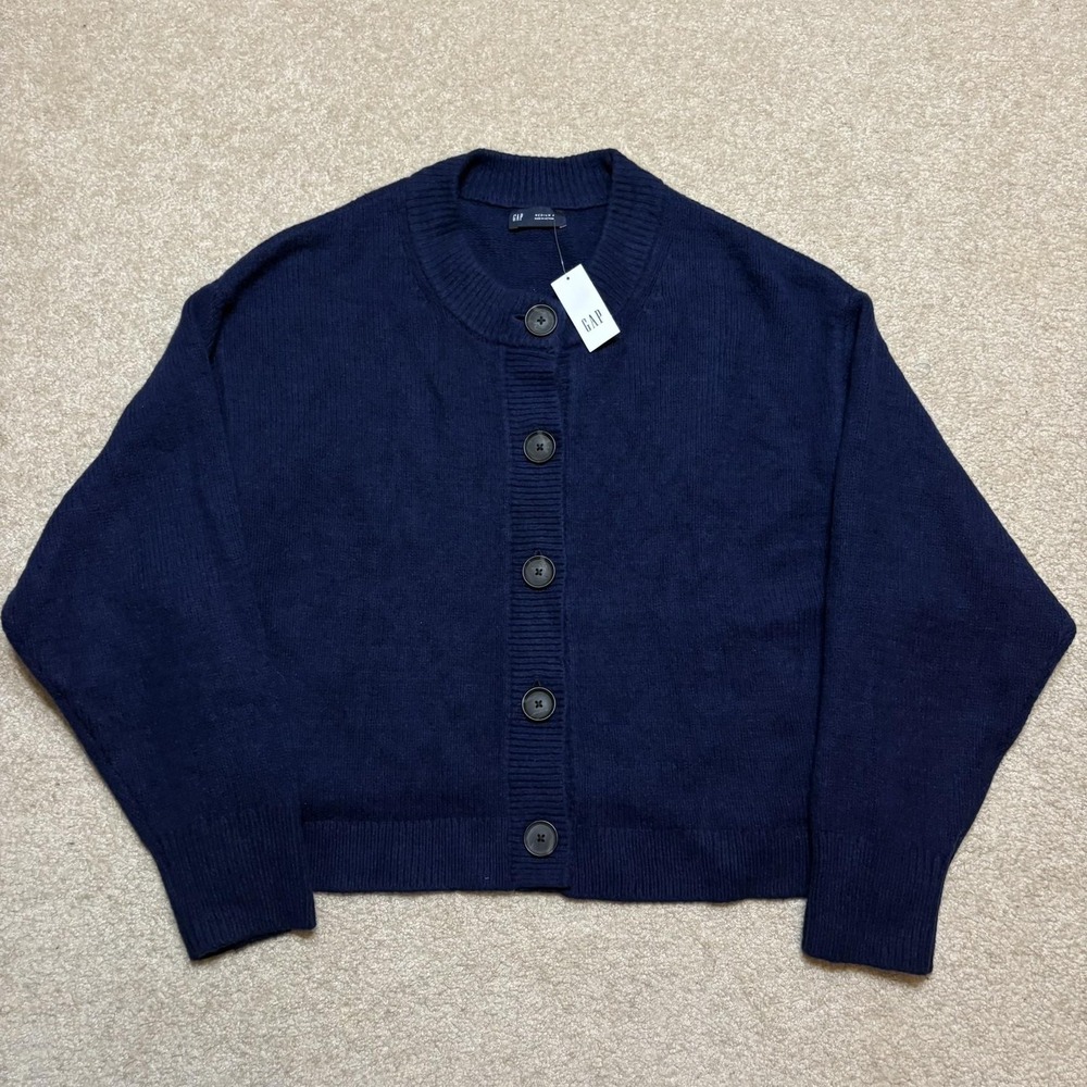 Gap Cardigan Sweater NWT Womens M Petite Navy CashSoft Button Crew Knit Cropped